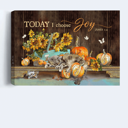 Jesus Landscape Canvas - Sleeping cat, Watercolor pumpkin, Sunflower drawing, Today I choose joy canvas- Gift for Christian , cat lover - Landscape Canvas Prints, Christian Wall Art