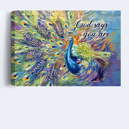 Jesus Landscape Canvas- Blue peacock painting, Colorful peacock feathers, Bible verses canvas- Gift for Christian- God says you are - Landscape Canvas Prints, Home Decor Wall Art