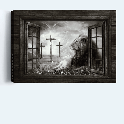 Jesus Landscape Canvas- Black and White Lion of Judah, Lamb of God, Three rugged crosses- Gift for Christian- On a peaceful day - Landscape Canvas Prints, Wall Art