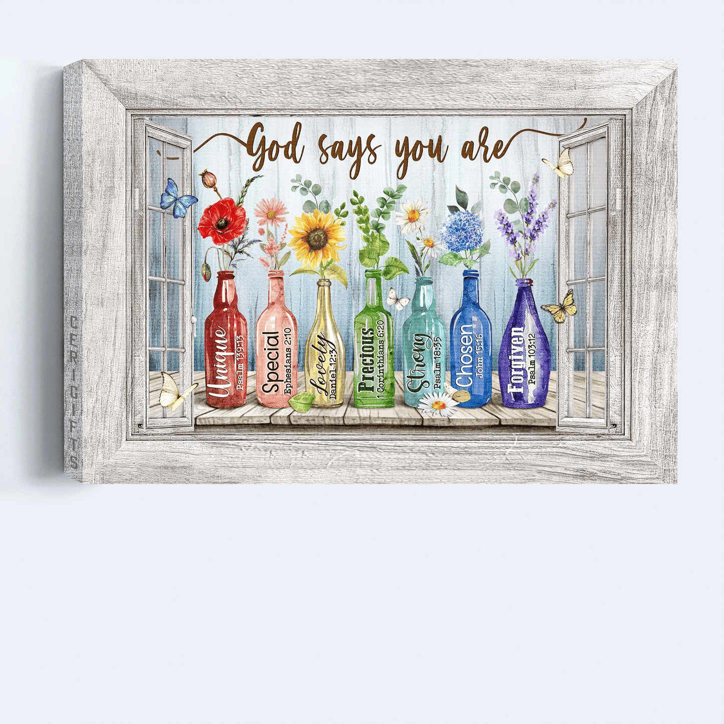 Jesus Landscape Canvas- Beautiful flowers, Rainbow color, Colored glass bottles, Butterfly canvas- Gift for Christian- God says you are