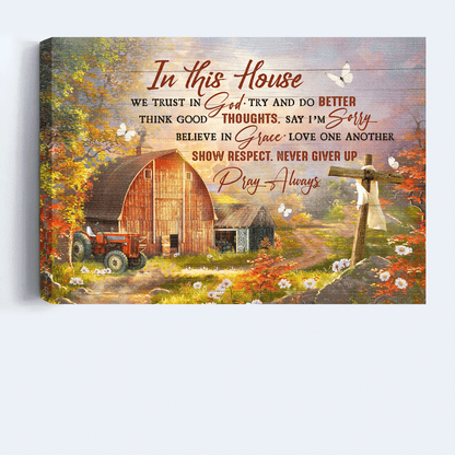 Jesus Landscape Canvas- Autumn Season, Wooden Cross, Rustic Farmhouse, Farm Canvas- Gift For Christian- In This House We Trust In God