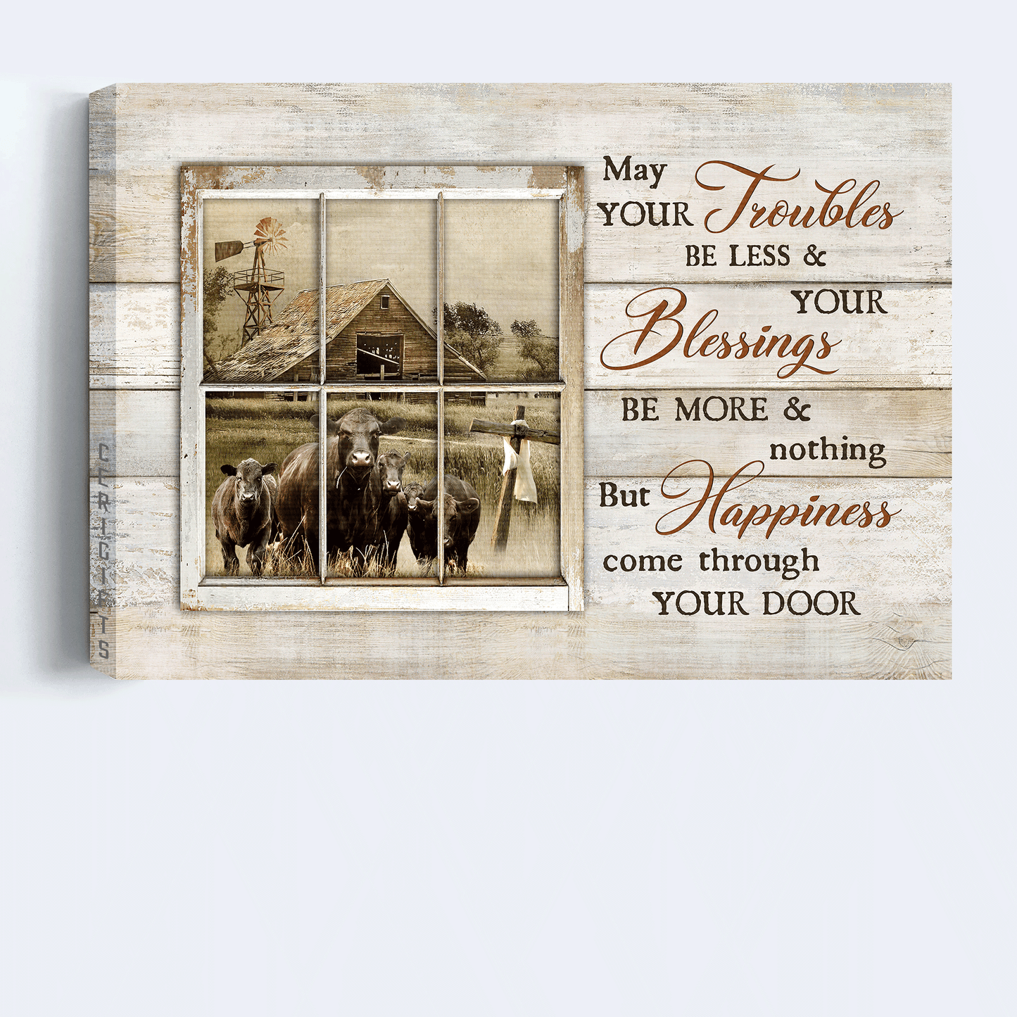 Jesus Landscape Canvas- Black cow, Green meadow, Wooden house, Windmill canvas- Gift for Christian- May your trouble be less - Landscape Canvas Prints, Christian Wall Art