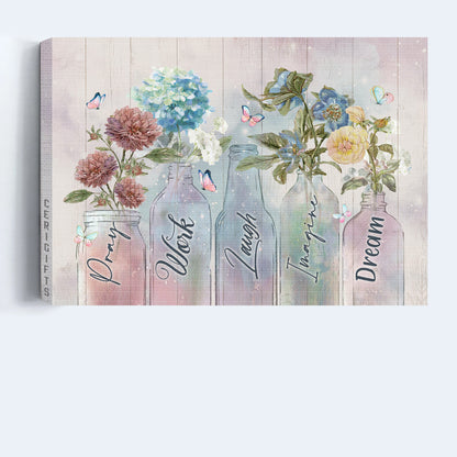 Jesus Landscape Canvas - Blue hydrangea, Red chrysanthemum, Dream color Landscape Canvas - Gift For Christian - Pray work laugh Landscape Canvas