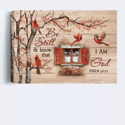 Jesus Landscape Canvas- Autumn Season, Red Cardinal, Vintage Windows, Cranberry Canvas- Gift For Christian-  Be Still & Know That I Am God