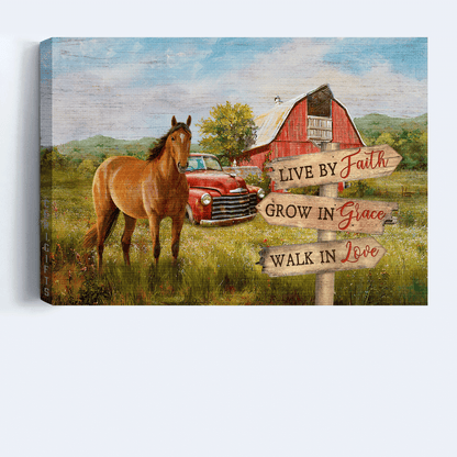 Jesus Landscape Canvas- Beautiful horse drawing, Red house canvas- Gift for Christian- Live by faith grow in grace walk in love
