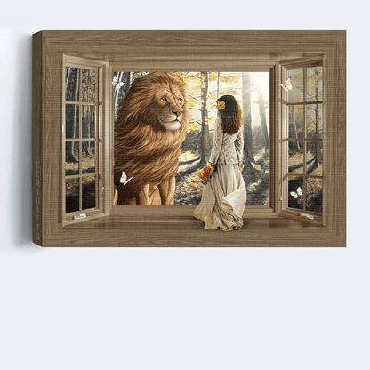 Jesus Landscape Canvas - Beautiful lion, Wooden window, Pretty girl, Sunny day Landscape Canvas - Gift For Christian