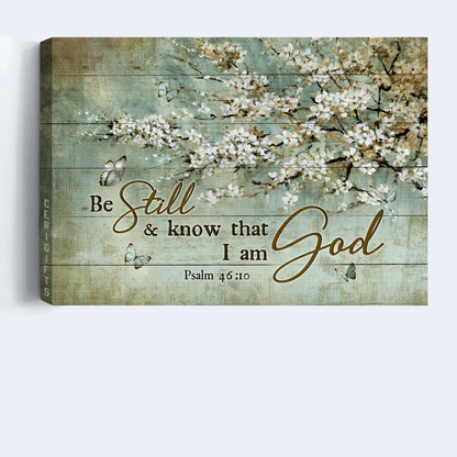 Jesus Landscape Canvas -Blue butterfly, Vintage painting, White flowers Landscape Canvas - Gift For Christian - Be still and know that I am God Landscape Canvas
