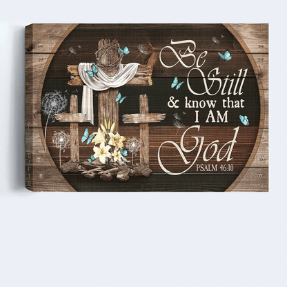 Jesus Landscape Canvas - Old cross, Blue butterfly, Beautiful lily Landscape Canvas - Gift For Christian - Be still and know that I am God Landscape Canvas