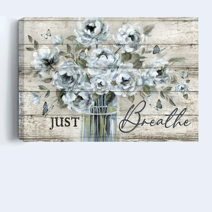 Jesus Landscape Canvas- Abstract Art, Vintage Flower Vase, Blue Butterfly Landscape Canvas- Gift For Religious Christian- Just Breathe