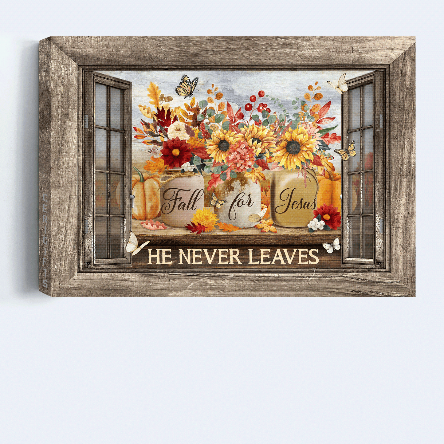 Jesus Landscape Canvas- Colorful Flower, Pumpkin Painting, Colorful Butterfly, Wooden Window Frame canvas- Gift for Christian- Fall For Jesus, He Never Leaves- Landscape Canvas, Wall Decor