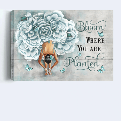 Jesus Landscape Canvas - Blue flower dress, Ballet drawing, Butterfly Landscape Canvas - Gift For Christian - Bloom where you are planted Landscape Canvas