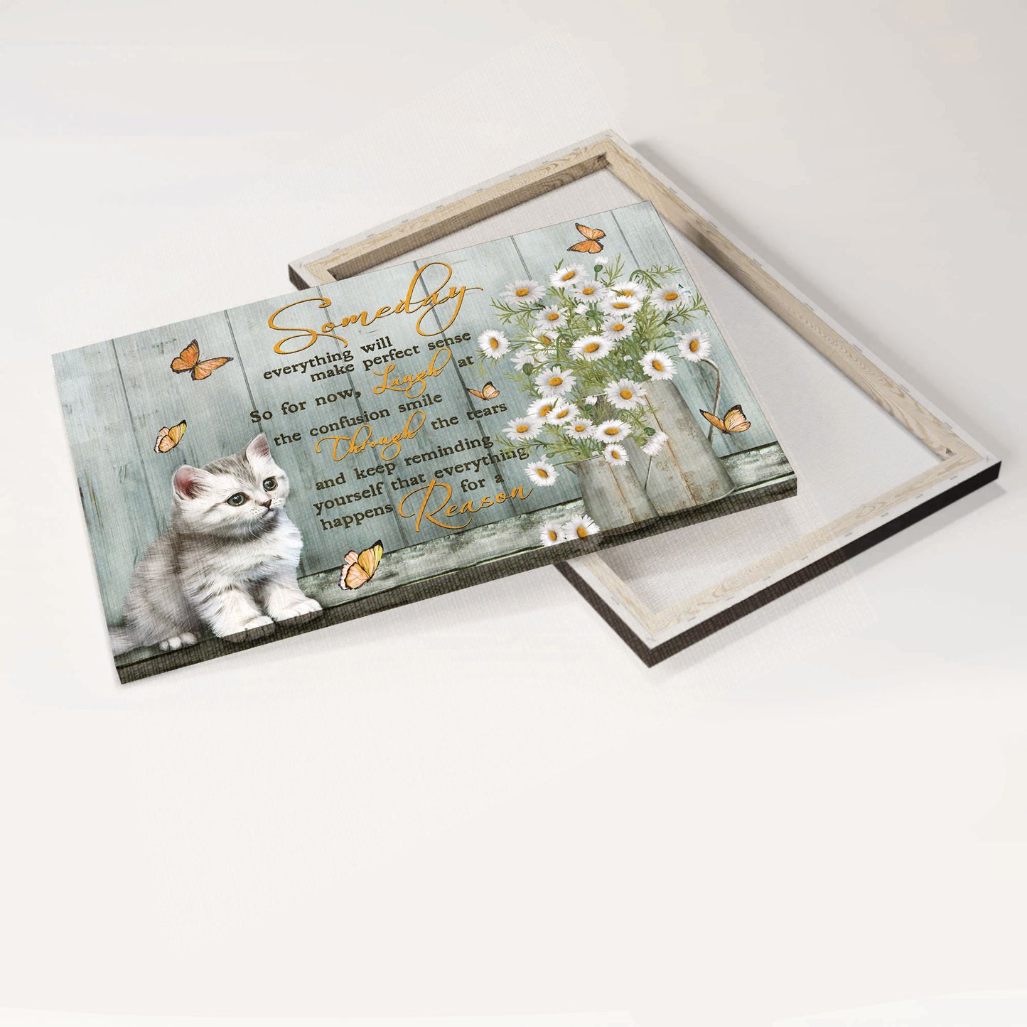 Jesus And Cat Landscape Canvas - White Cat, Pretty Daisy Vase Canvas - Gift For Christian, Cat Lovers - Someday Everything Will Make Perfect Sense