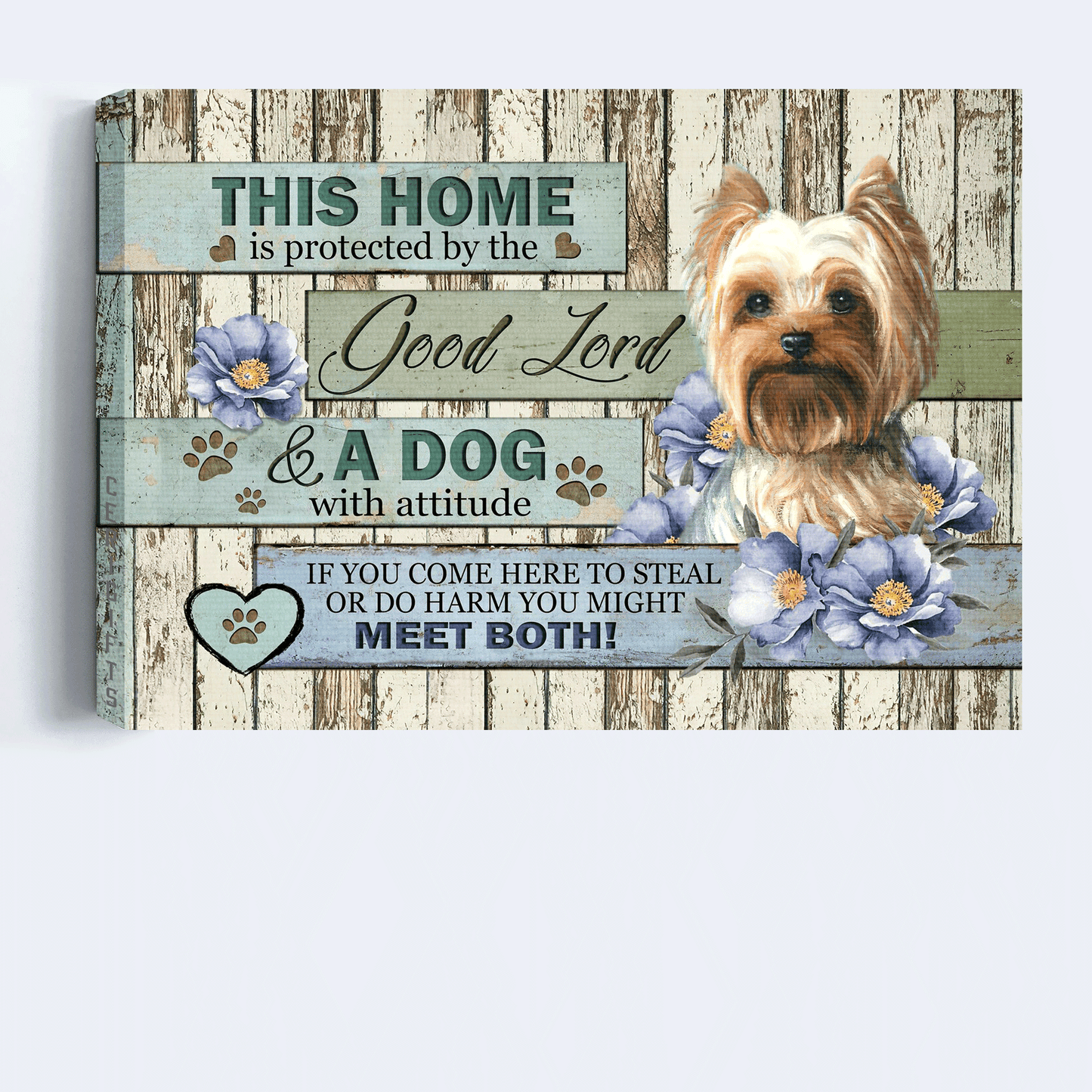 Jesus Landscape Canvas - Lovely Yorkshire Terrier, Blue flower Landscape Canvas - Gift For Christian - This home is protected by a dog with attitude Landscape Canvas