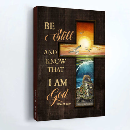 Jesus Portrait Canvas - Beautiful cross, Orange sunset, Turtle, Seagull Portrait Canvas - Gift For Christian - Be still and know that I am God
