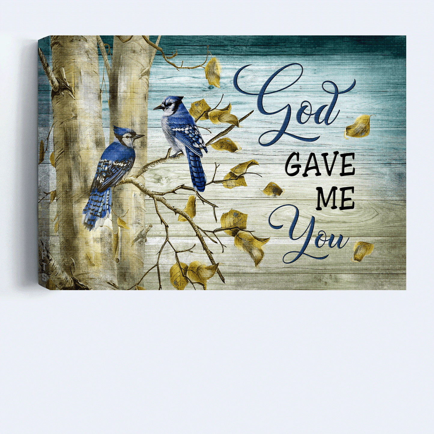 Jesus Landscape Canvas- Blue Jay Couple, Autumn tree canvas- Gift for Christian- God gave me you - Landscape Canvas Prints, Wall Art
