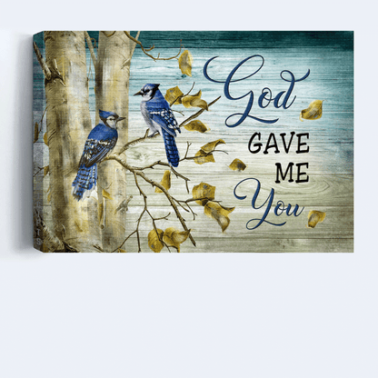 Jesus Landscape Canvas- Blue Jay Couple, Autumn tree canvas- Gift for Christian- God gave me you - Landscape Canvas Prints, Wall Art