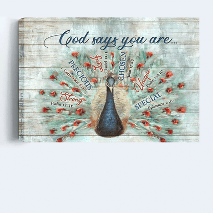 Jesus Landscape Canvas- Blue Peacock painting, Bible verses, Vintage drawing - Gift for Christian- God says you are -  Landscape Canvas Prints, Home Decor Wall Art