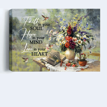 Jesus Landscape Canvas- Beautiful Flower Vase, Vintage Bible, Hummingbird Canvas - Gift For Christian- Faith In Your Soul