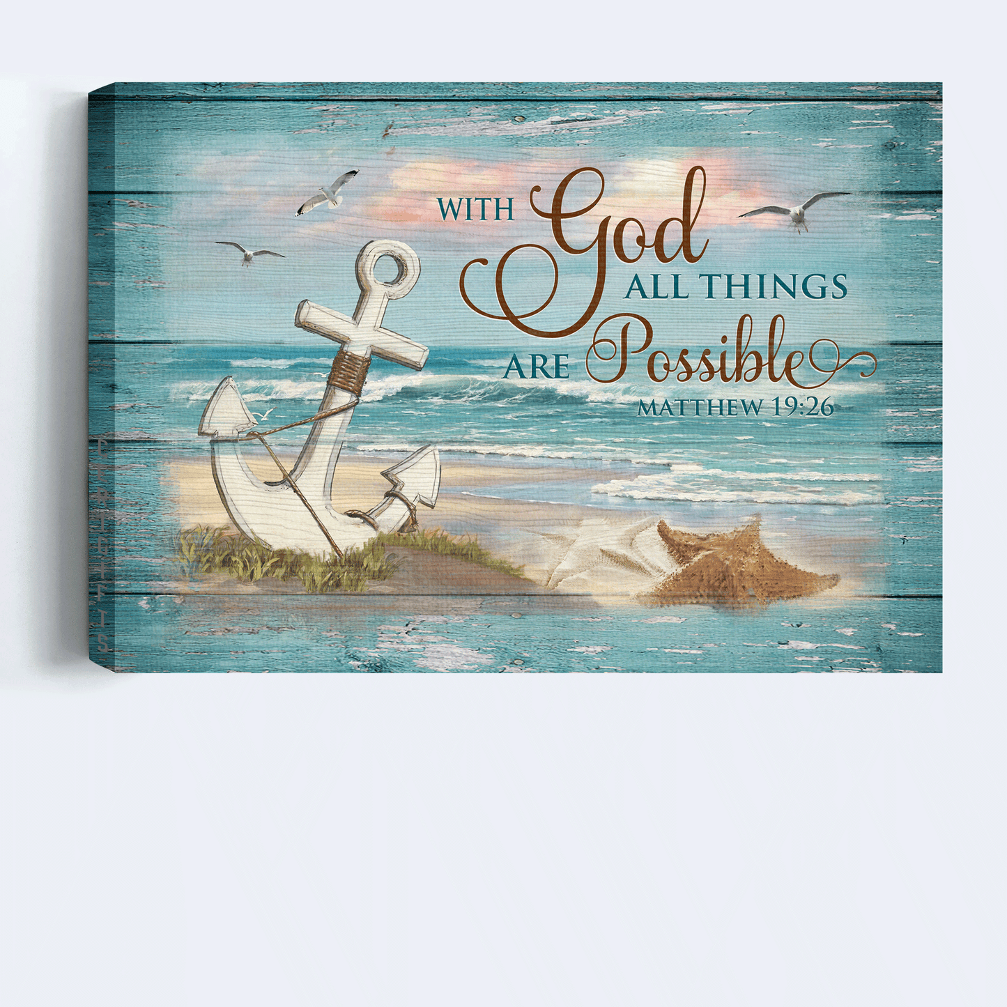 Jesus Landscape Canvas- Blue beach painting, White anchor, Sunset canvas- Gift for Christian- With God all things are possible - Landscape Canvas Prints, Christian Wall Art
