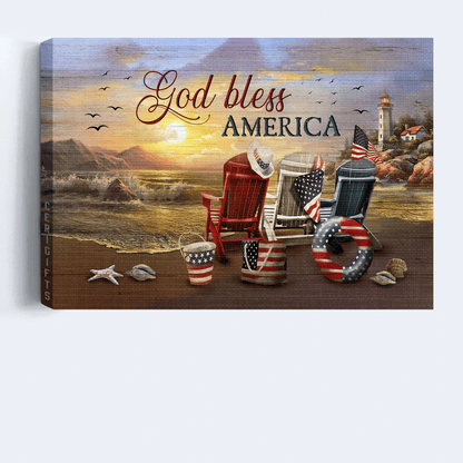 Jesus Landscape Canvas- Beach Chair, American Flag, Today Sunrise, Seagull Painting Canvas- Gift For Christian- God Bless America