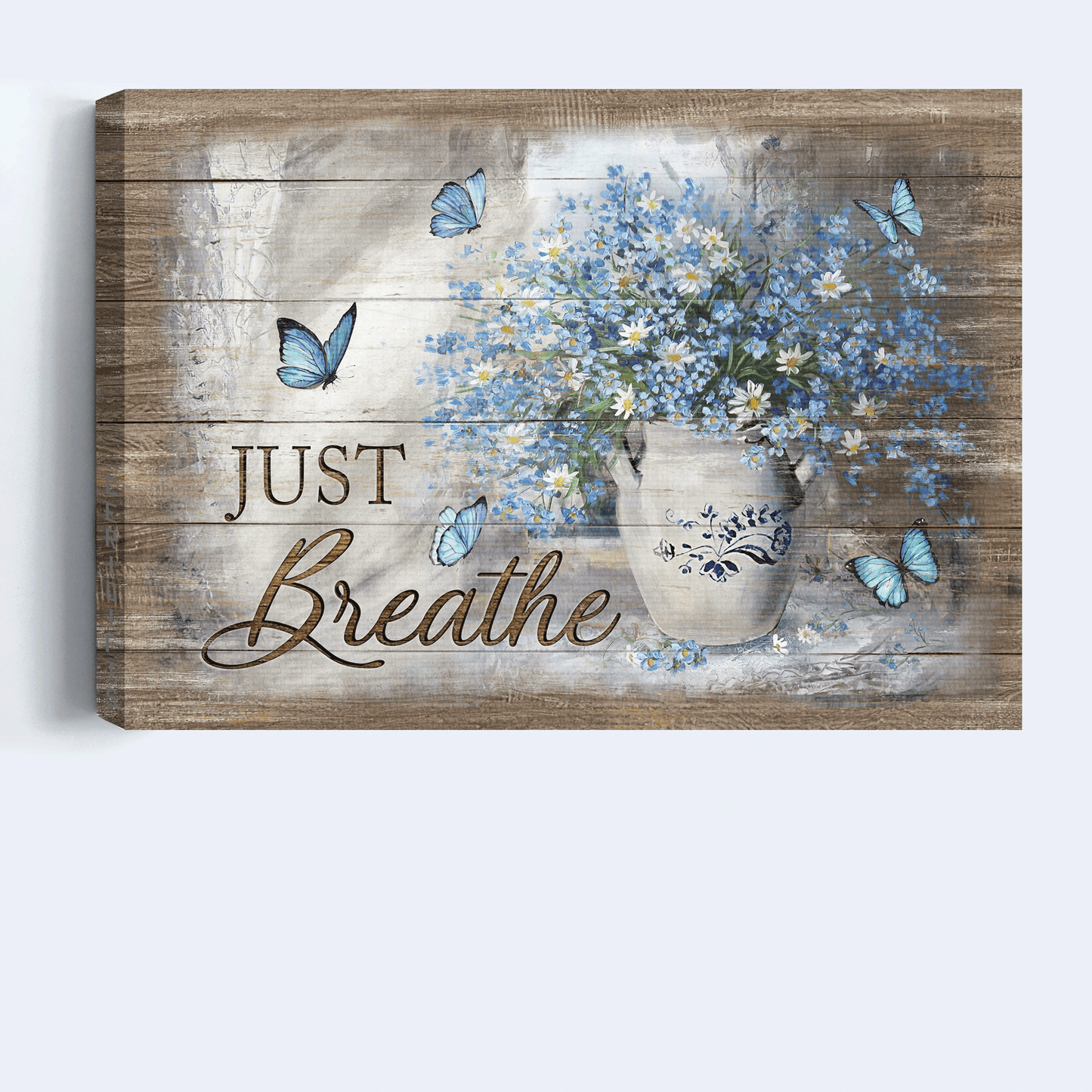 Jesus Landscape Canvas - Blue flower vase, Daisy drawing, Blue butterfly, Vintage painting Landscape Canvas - Gift For Christian - Just breathe Landscape Canvas