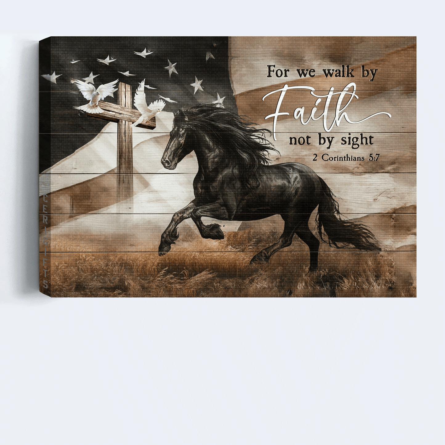 Jesus Landscape Canvas- Black horse, The US flag, Dove, Wooden Cross- Gift for Christian- For we walk by faith - Landscape Canvas Prints, Wall Art