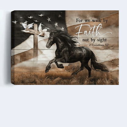 Jesus Landscape Canvas- Black horse, The US flag, Dove, Wooden Cross- Gift for Christian- For we walk by faith - Landscape Canvas Prints, Wall Art