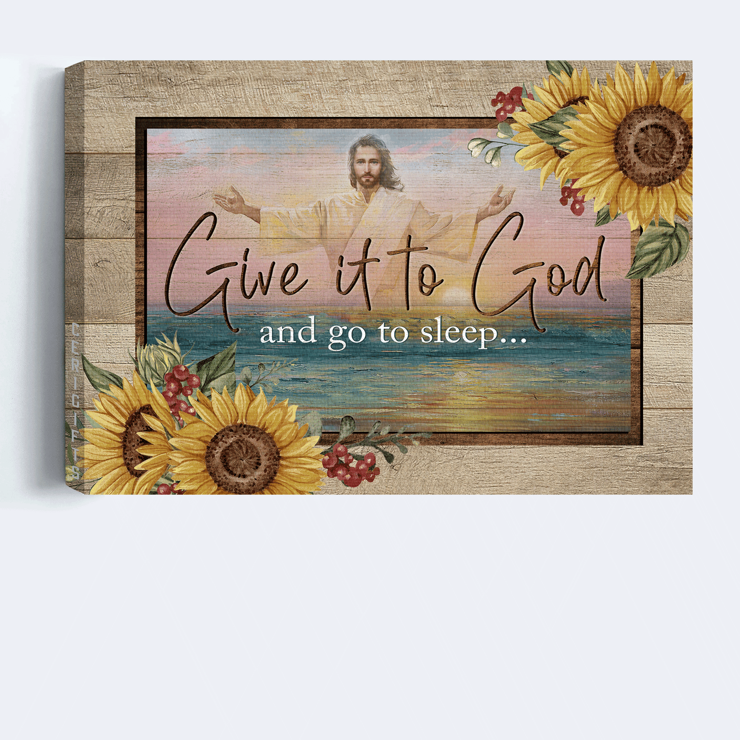 Jesus Landscape Canvas- Blue ocean, Jesus painting, Watercolor sunflower canvas - Gift for Christian- Give it to God and go to sleep - Landscape Canvas Prints, Christian Wall Art