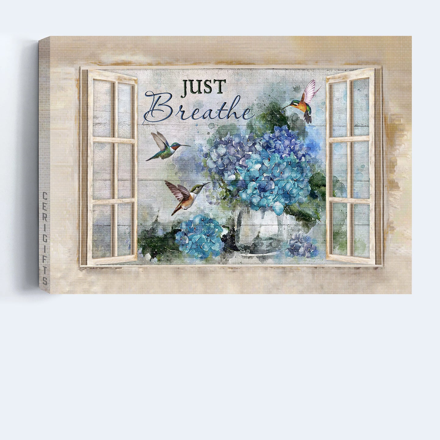 Jesus Landscape Canvas - Blue hydrangea, Green hummingbird, Window frame Landscape Canvas - Gift For Christian - Just breathe Landscape Canvas