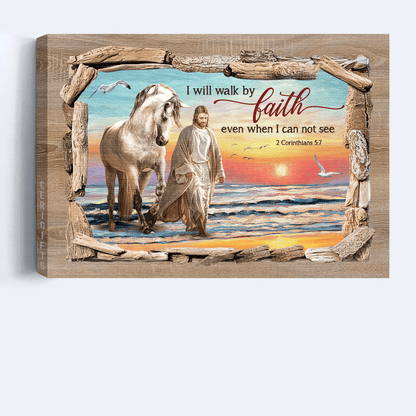 Jesus Landscape Canvas - Walking With Jesus, White Horse, Beautiful Beach Canvas - Gift For Christian - I Will Walk By Faith Canvas