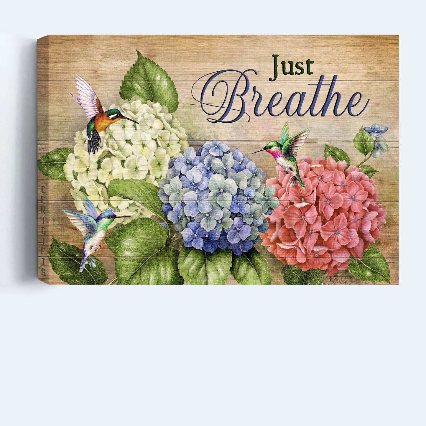 Jesus Landscape Canvas - Blue hydrangea, Pink hydrangea, White hydrangea, Green hummingbirds Landscape Canvas - Gift For Christian - Just breathe Landscape Canvas