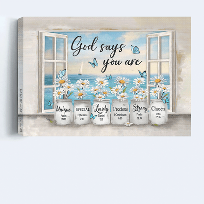 Jesus Landscape canvas- Daisy flower, Window frame, Sea painting, Blue butterfly canvas- Gift for Christian- God says you are