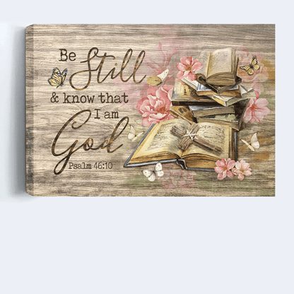 Jesus Landscape Canvas - Pink azalea, Bible books, Rugged cross Landscape Canvas - Gift For Christian - Be still I am God Landscape Canvas
