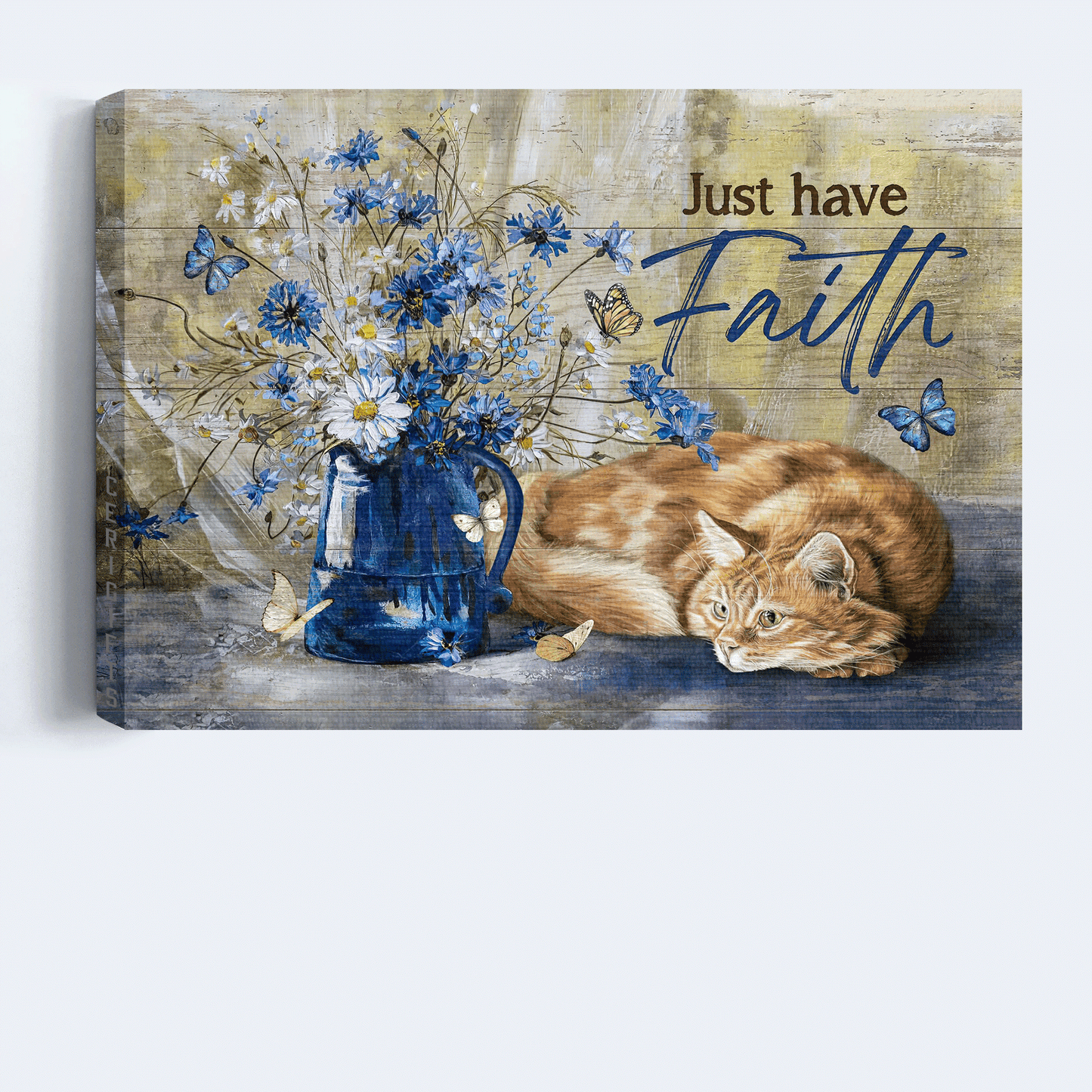 Jesus Landscape Canvas- Blue daisy, White daisy, Orange tabby cat, Just have faith canvas- Gift for Christian- Landscape Canvas Prints, Christian Wall Art