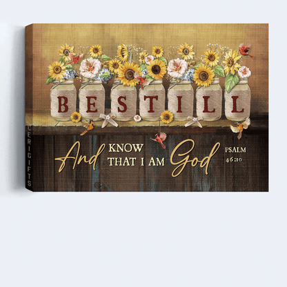 Jesus Landscape Canvas - Bible verse, Sunflower jars, Red cardinal Landscape Canvas - Gift For Christian - Be still and know that I am God