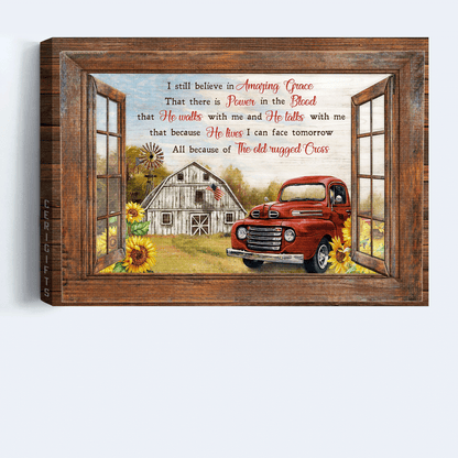 Jesus Landscape Canvas - Sunflower Farm, Red Ladybug Car, Vintage House, Window Frame Canvas - Gift For Christian - I Still Believe In Amazing Grace Canvas