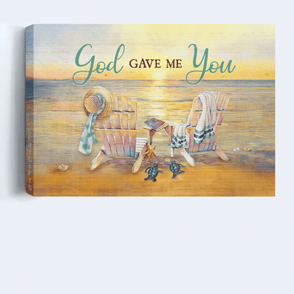 Jesus Landscape Canvas- Beach Painting, Wooden Chair, Couple Sea Turtle Canvas- Gift For Christian- God Gave Me You