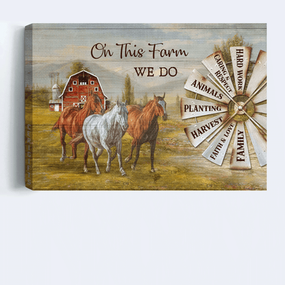 Jesus Landscape Canvas- Beautiful horses, Windmill painting, Red house canvas- Gift for Christian- On this farm we do hard work