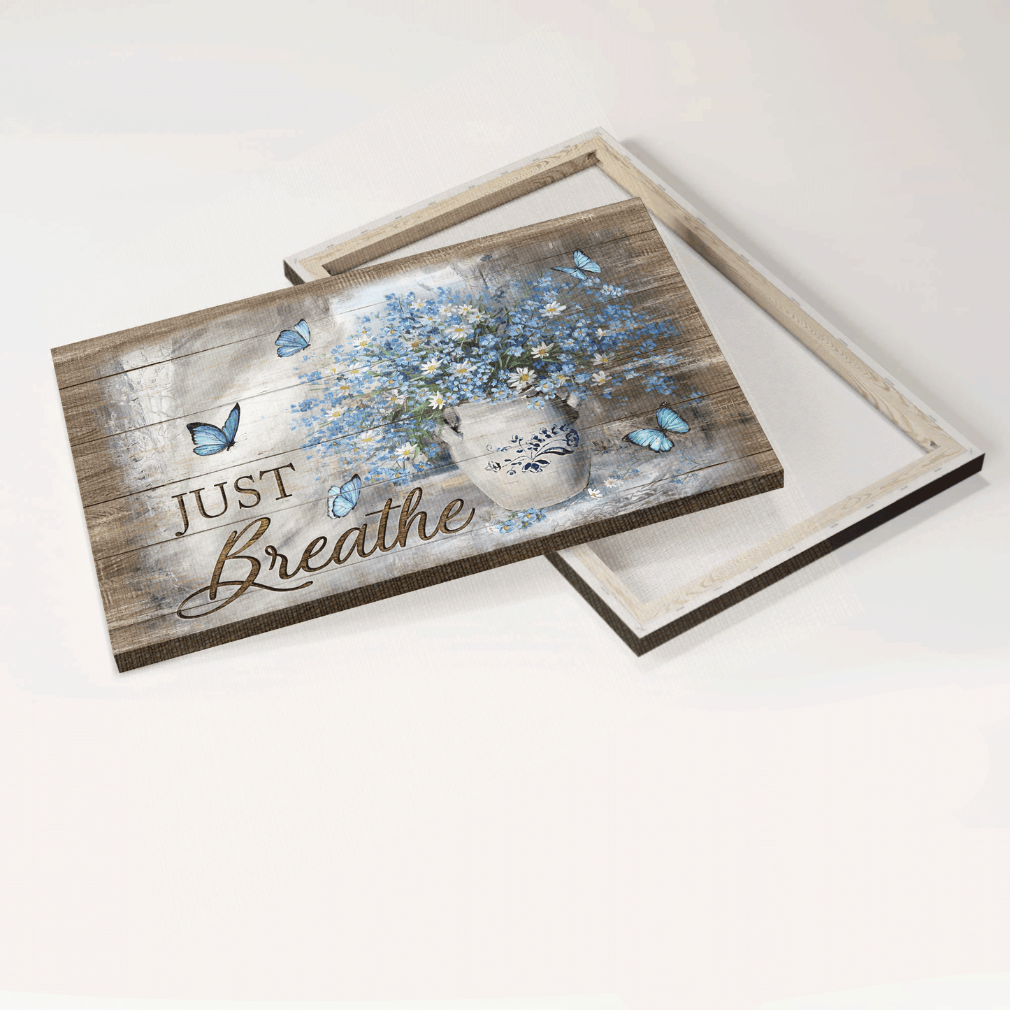Jesus Landscape Canvas - Blue flower vase, Daisy drawing, Blue butterfly, Vintage painting Landscape Canvas - Gift For Christian - Just breathe Landscape Canvas