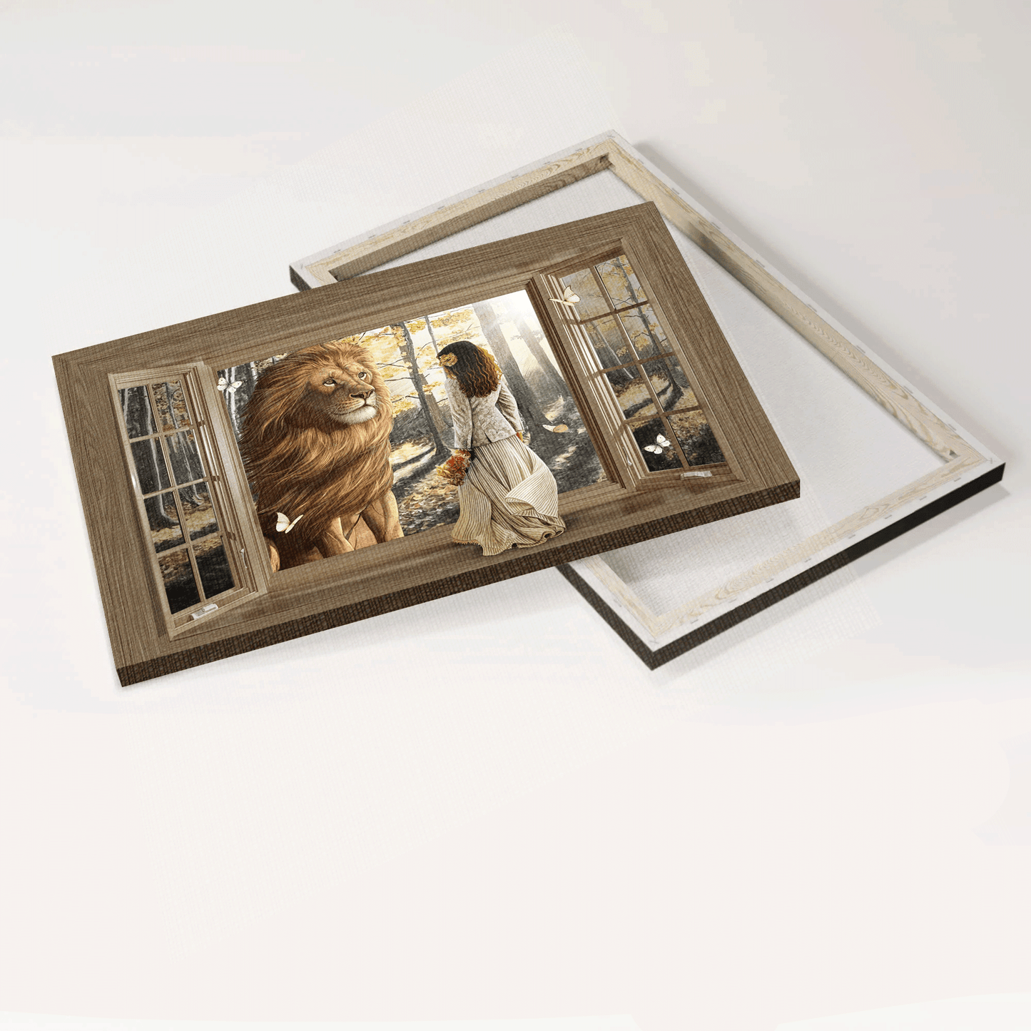 Jesus Landscape Canvas - Beautiful lion, Wooden window, Pretty girl, Sunny day Landscape Canvas - Gift For Christian