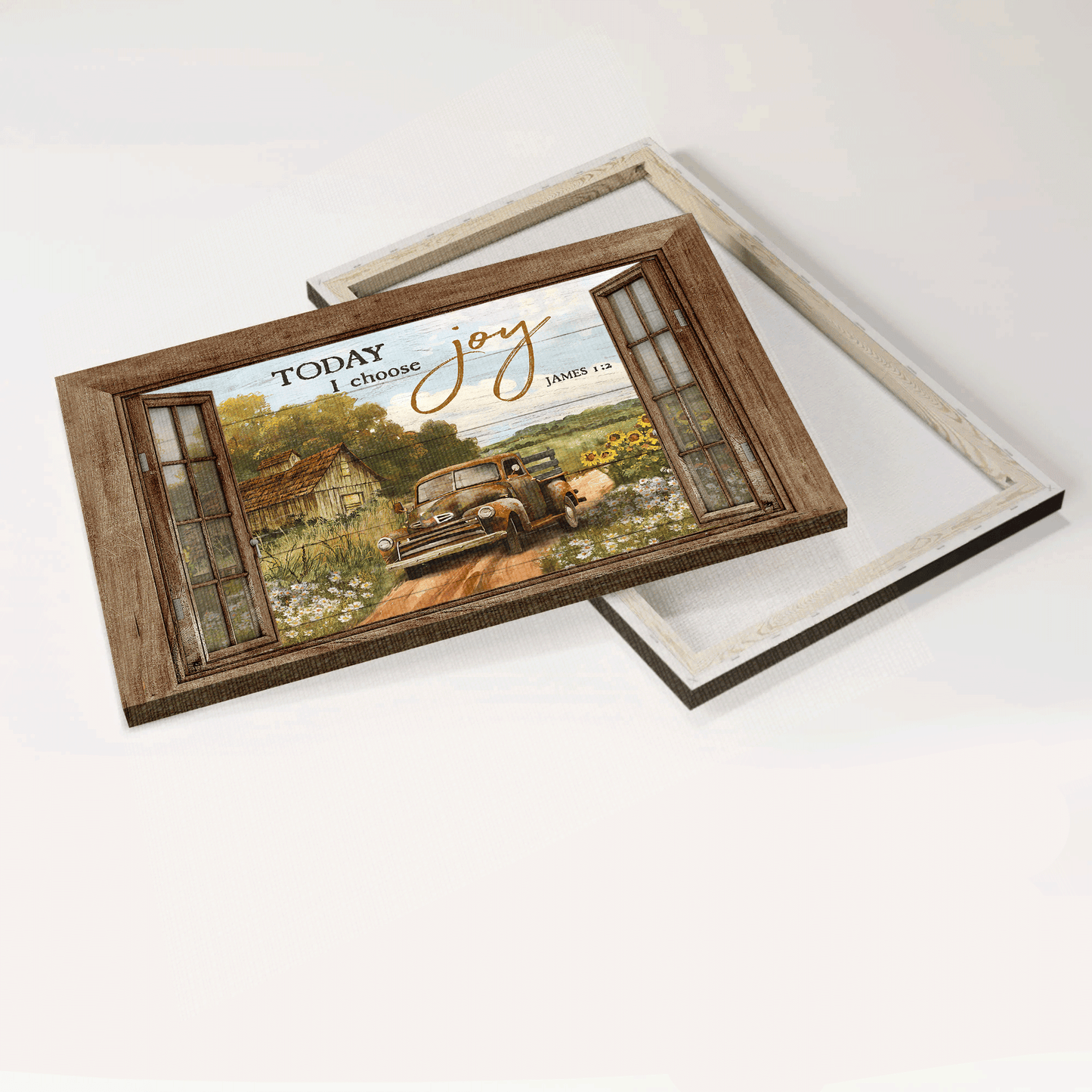 Jesus Landscape Canvas - Truck, Way Back Home, Flower Field, Window Frame Canvas - Gift For Christian - Today I Choose Joy Canvas