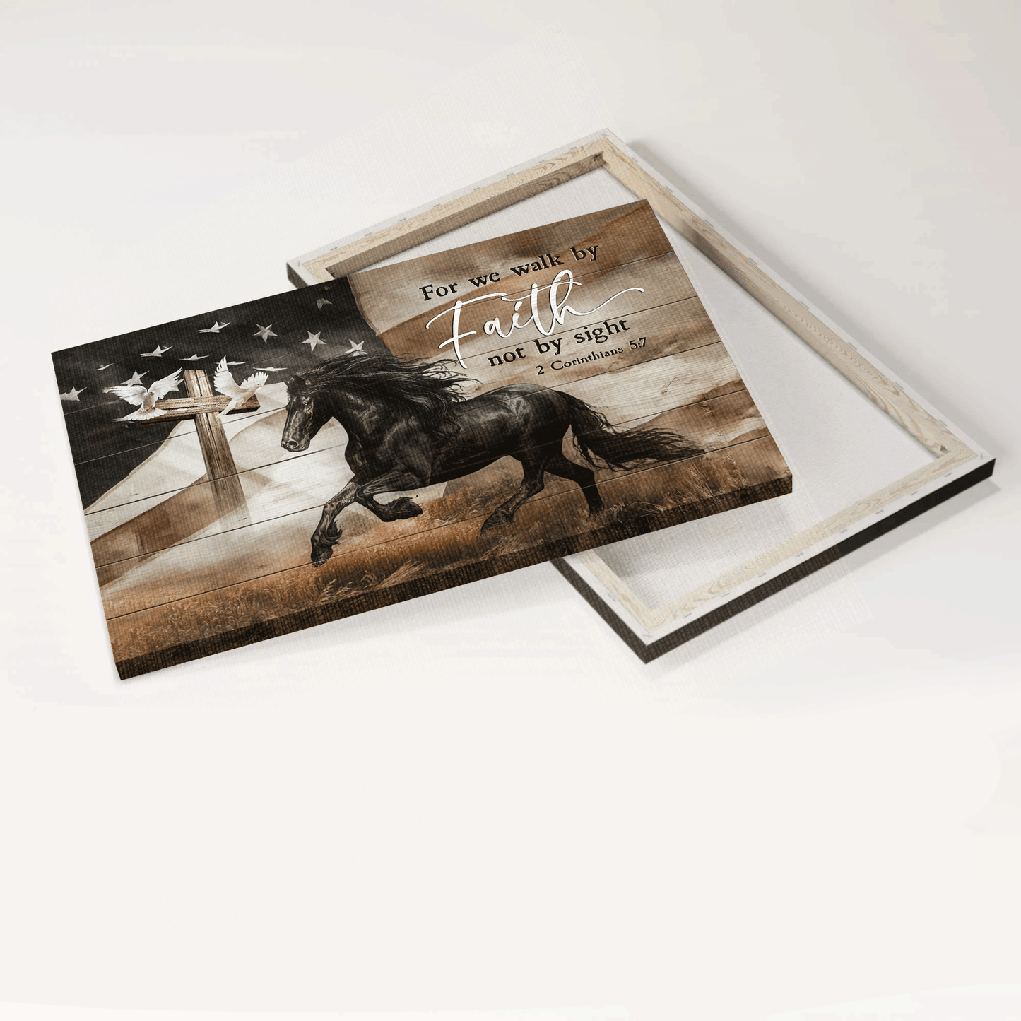 Jesus Landscape Canvas- Black horse, The US flag, Dove, Wooden Cross- Gift for Christian- For we walk by faith - Landscape Canvas Prints, Wall Art
