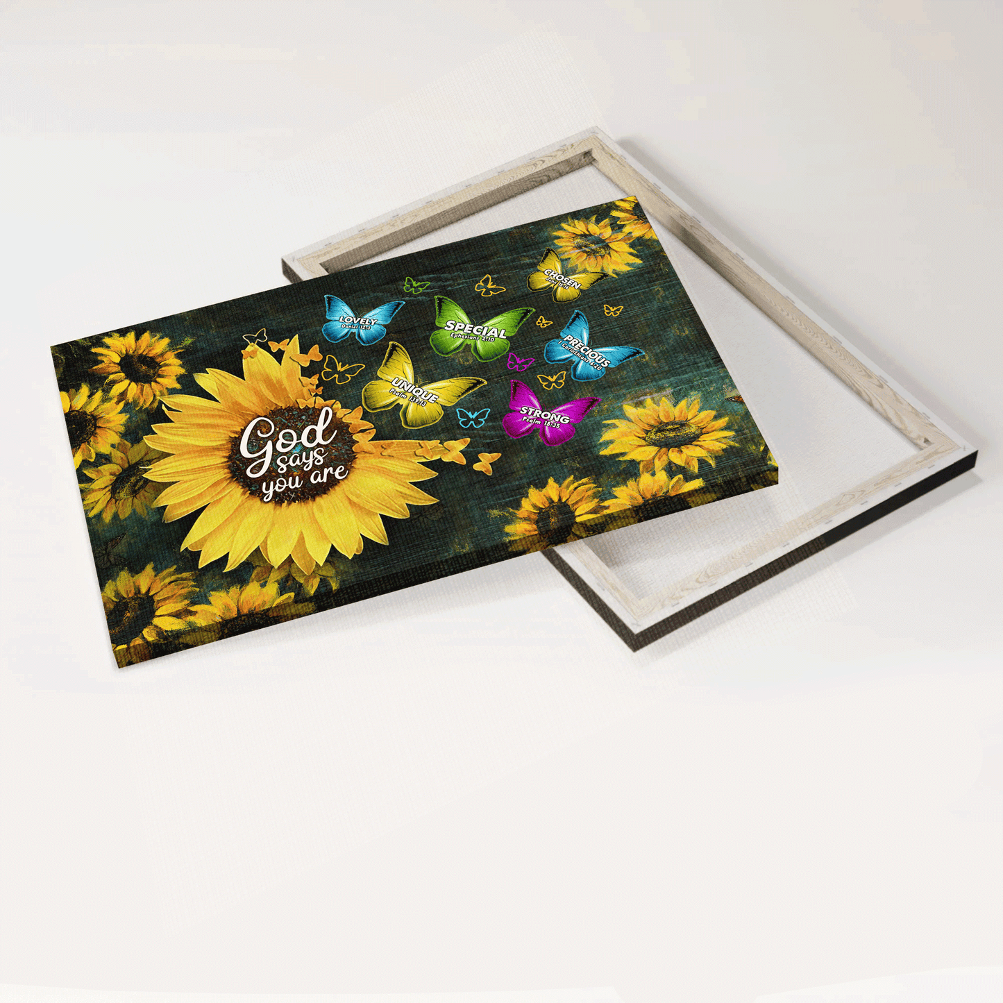 Jesus Landscape Canvas - Sunflower Painting, Colorful Butterfly, Dark Blue Background Canvas - Gift For Christian - God Says You Are Canvas