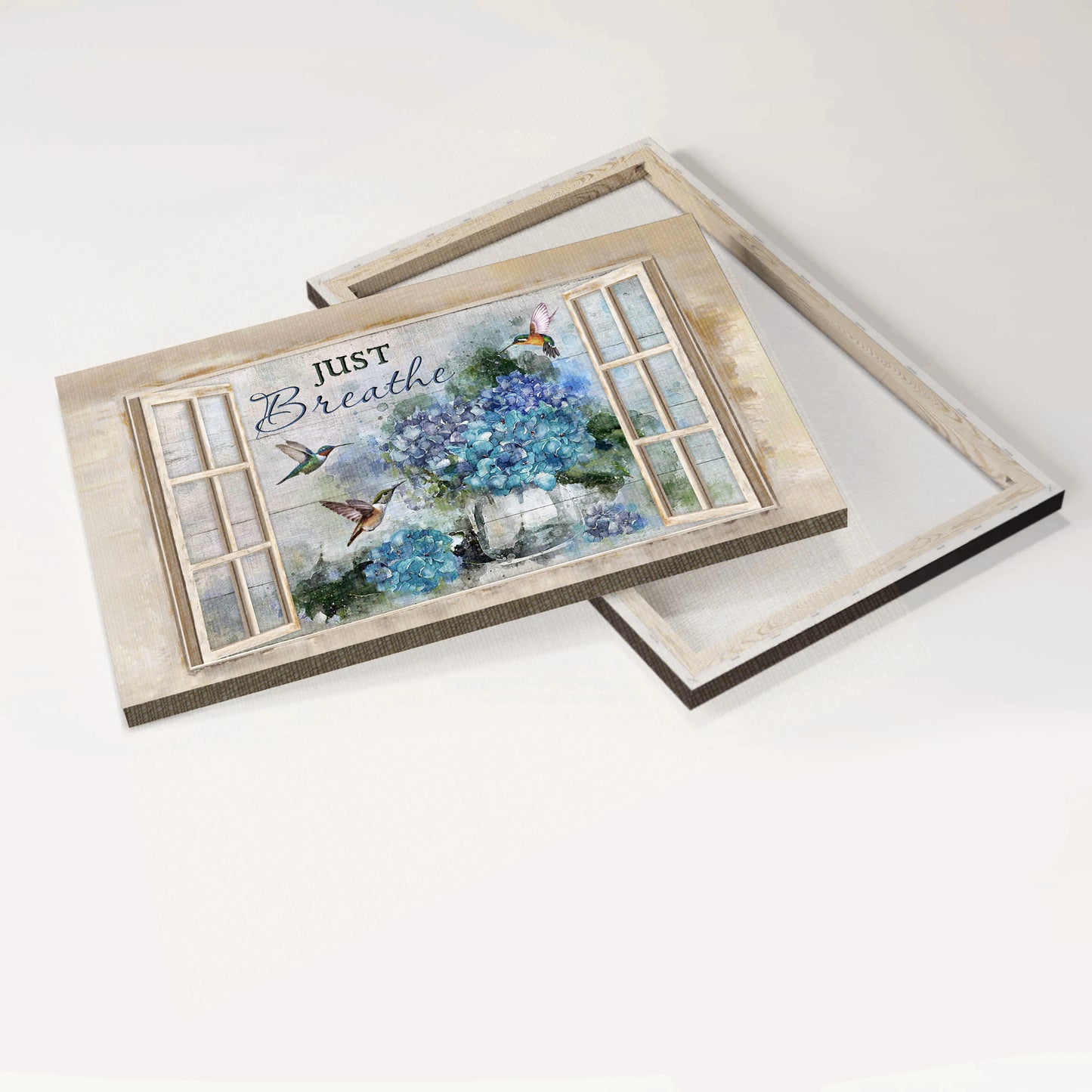 Jesus Landscape Canvas - Blue hydrangea, Green hummingbird, Window frame Landscape Canvas - Gift For Christian - Just breathe Landscape Canvas