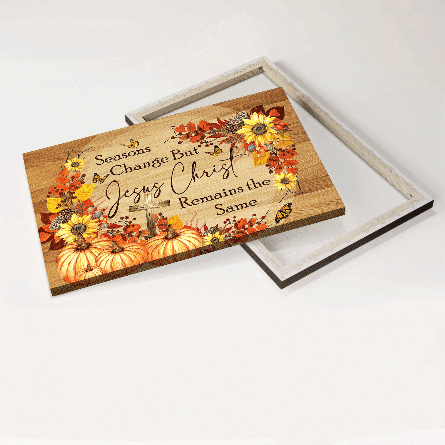 Jesus Landscape Canvas- Autumn, Butterfly, Cross, Pumpkin Canvas- Gift For Christian- Seasons Change But Jesus Christ Remain The Same