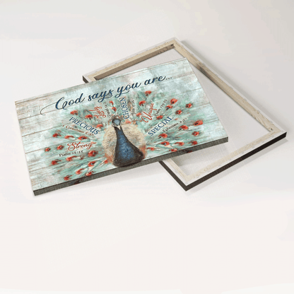Jesus Landscape Canvas- Blue Peacock painting, Bible verses, Vintage drawing - Gift for Christian- God says you are -  Landscape Canvas Prints, Home Decor Wall Art