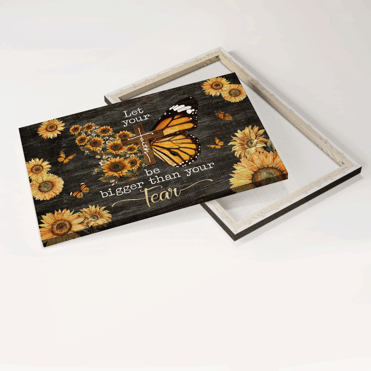Jesus Landscape Canvas - Sunflower And Butterfly, Wooden Cross Canvas - Gift For Christian - Let Your Faith Be Bigger Than Your Fear Canvas