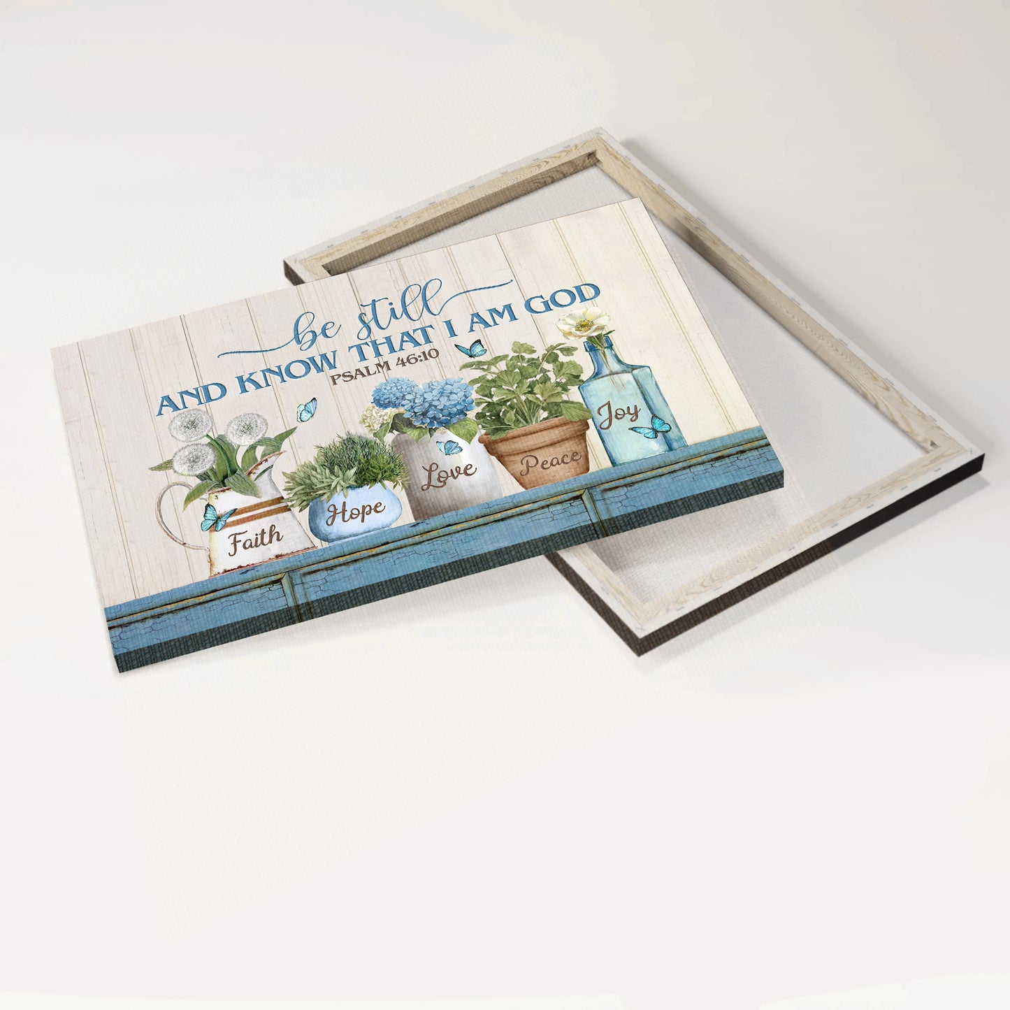 Jesus Landscape Canvas - Blue hydrangea, Flower garden, Pretty butterfly Landscape Canvas - Gift For Christian - Be still and know that I am God Landscape Canvas