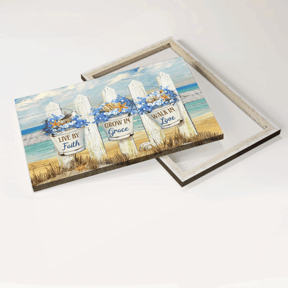 Jesus Landscape Canvas- Baby Flower, Beach Drawing, White Fence, Sea Animal Canvas- Gift For Christian- Live By Faith