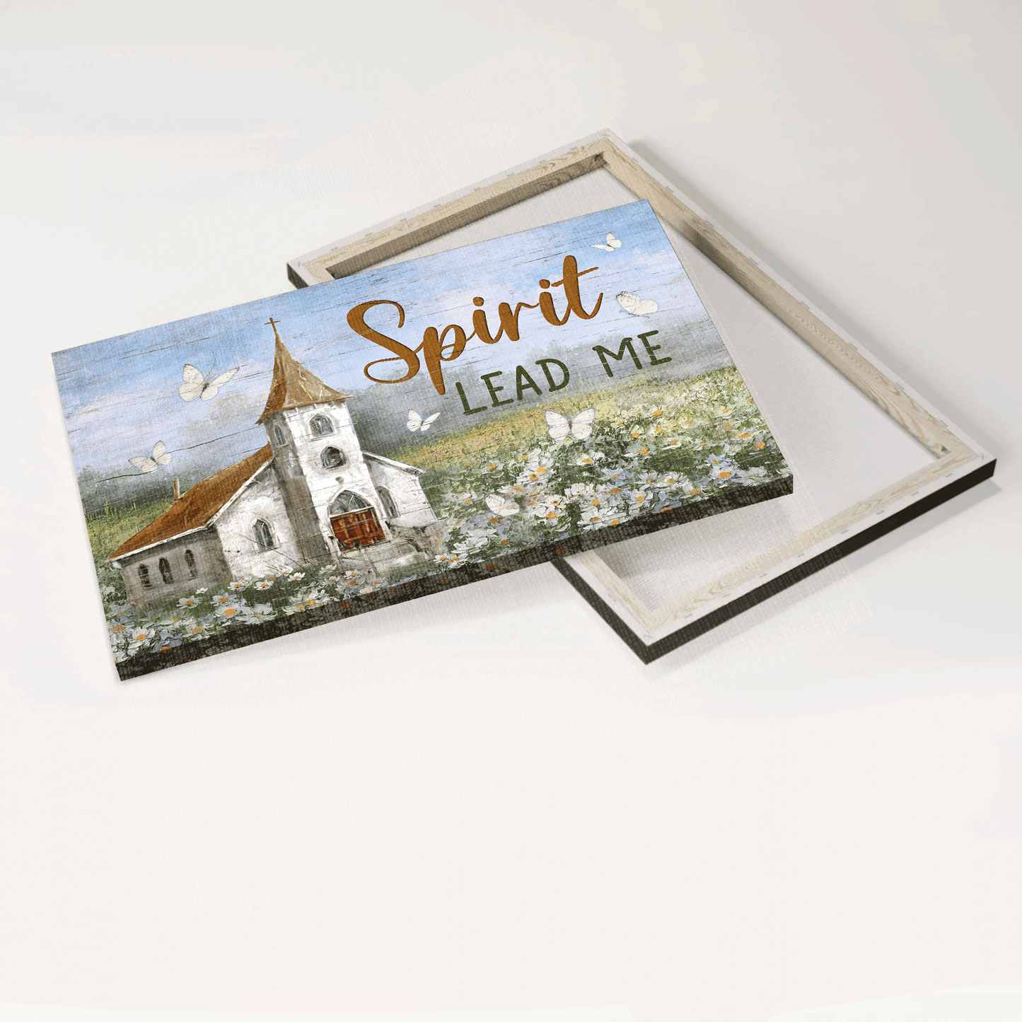 Jesus Landscape Canvas - Beautiful Church, Flower Field, Butterfly Landscape Canvas - Gift For Christian - Spirit lead me